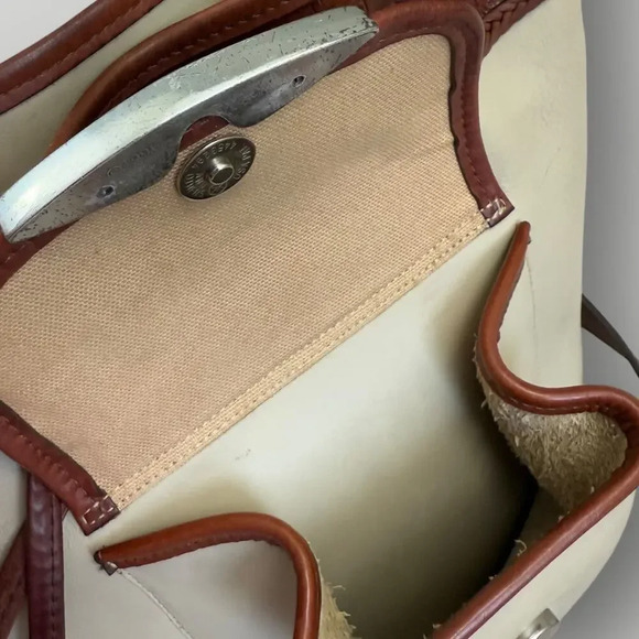 Brighton Vintage Leather Cross Body Shoulder Bucket Bag Cream Brown Drawstring - Picture 9 of 16